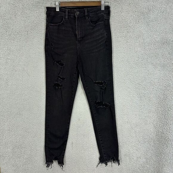 American Eagle Jeans‎ Womens 8 Black High Rise Crop Stretch Distressed Moto Boho - Picture 1 of 9